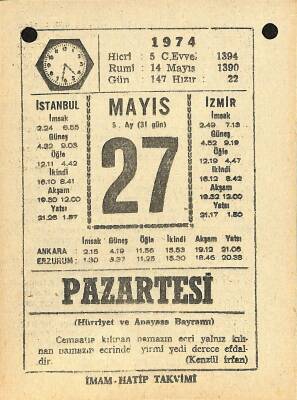 27 Mayıs 1974 Takvim Yaprağı - Doğum Günü Hediyesi EFM(N)11979 - 1