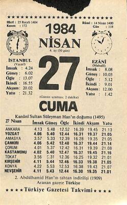 27 Nisan 1984 Takvim Yaprağı - Doğum Günü Hediyesi EFM(N)11208 - 1