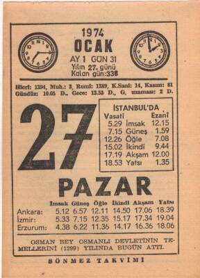 27 Ocak 1974 Takvim Yaprağı EFM(N)4890 - 1