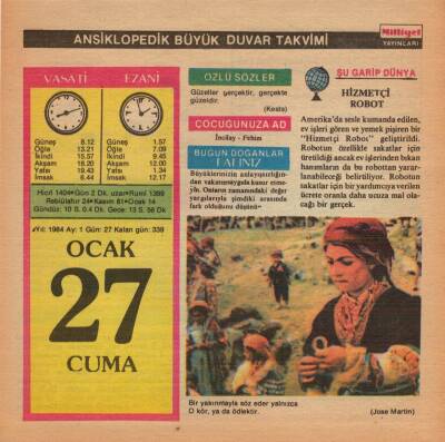 27 Ocak 1984 Takvim Yaprağı EFM(N)4642 - 1