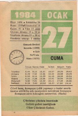 27 Ocak 1984 Takvim Yaprağı EFM(N)4766 - 1