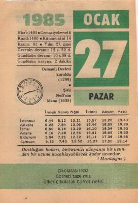 27 Ocak 1985 Takvim Yaprağı EFM(N)4797 - 1