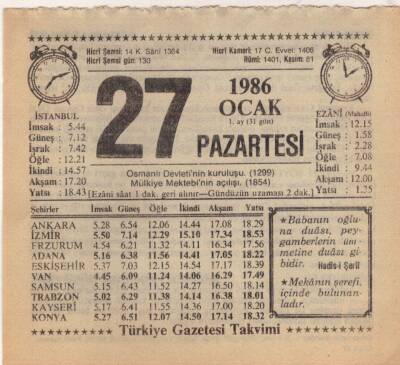 27 Ocak 1986 Takvim Yaprağı EFM(N)5045 - 1