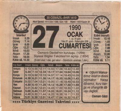 27 Ocak 1990 Takvim Yaprağı EFM(N)4704 - 1