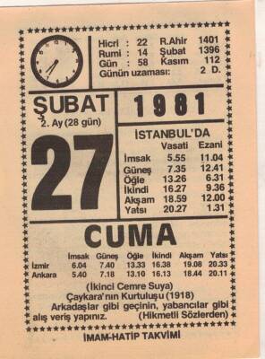 27 Şubat 1981 Takvim Yaprağı EFM(N)5434 - 1