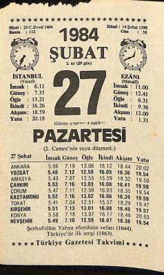 27 Şubat 1984 Takvim Yaprağı - Doğum Günü Hediyesi EFM(N)11817 - 1