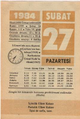 27 Şubat 1984 Takvim Yaprağı EFM(N)5350 - 1