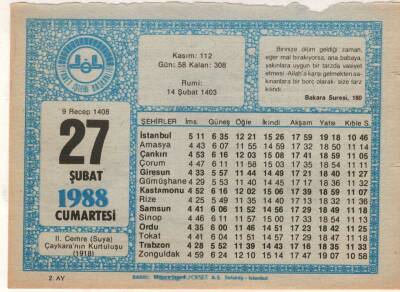 27 Şubat 1988 Takvim Yaprağı EFM(N)5517 - 1