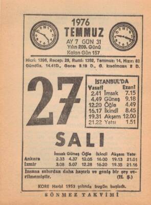 27 Temmuz 1976 Takvim Yaprağı EFM(N)2152 - 3