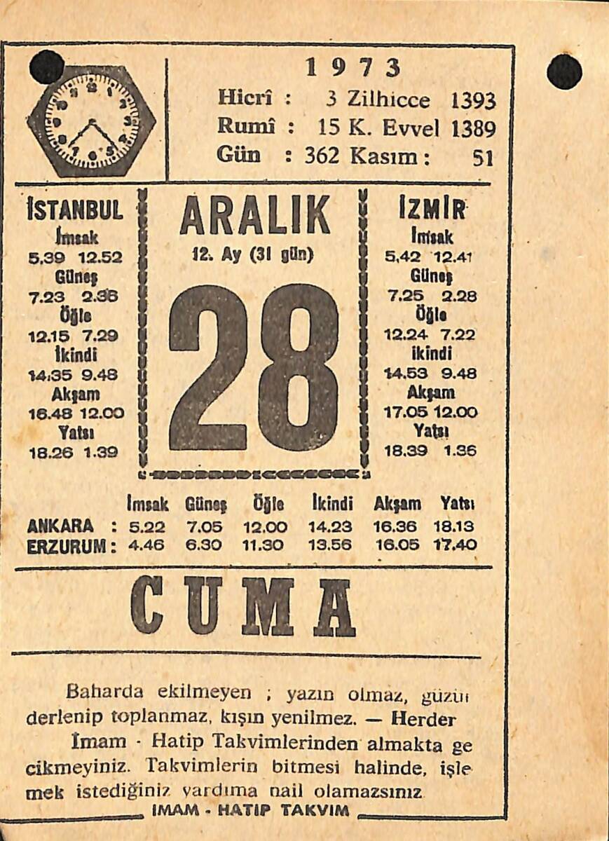 28 Aralık 1973 Takvim Yaprağı - Doğum Günü Hediyesi EFMN13659 - 1