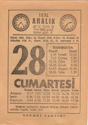 28 Aralık 1974 Takvim Yaprağı EFM(N)4310 - 3