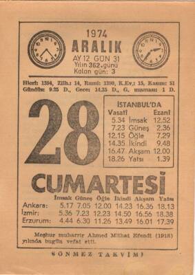 28 Aralık 1974 Takvim Yaprağı EFM(N)4310 - 1