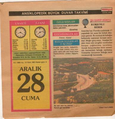 28 Aralık 1984 Takvim Yaprağı EFM(N)4094 - 3