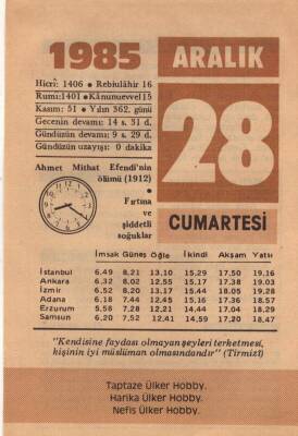 28 Aralık 1985 Takvim Yaprağı EFM(N)4125 - 3