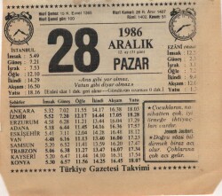 28 Aralık 1986 Takvim Yaprağı EFM(N)4340 - 3