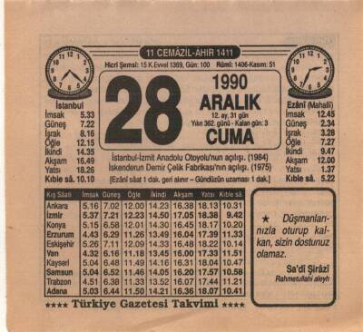 28 Aralık 1990 Takvim Yaprağı EFM(N)4156 - 4