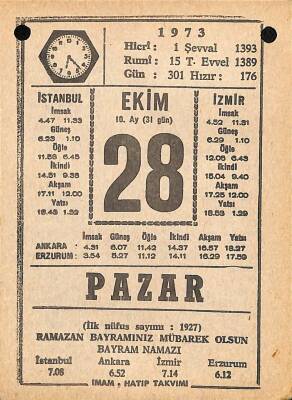 28 Ekim 1973 Takvim Yaprağı - Doğum Günü Hediyesi EFM(N)10610 - 2