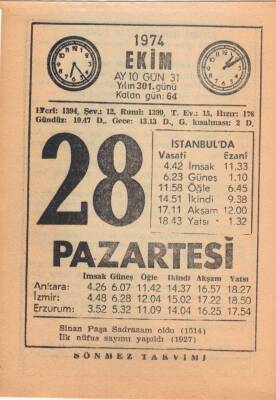 28 Ekim 1974 Takvim Yaprağı EFM(N)2998 - 3