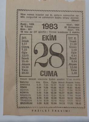 28 Ekim 1983 Takvim Yaprağı - Doğum Günü Hediyesi EFM(N)6732 - 1