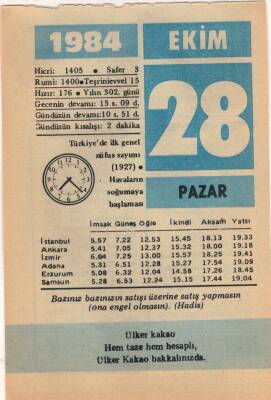 28 Ekim 1984 Takvim Yaprağı EFM(N)3029 - 1