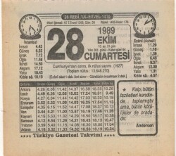 28 Ekim 1989 Takvim Yaprağı EFM(N)3122 - 3