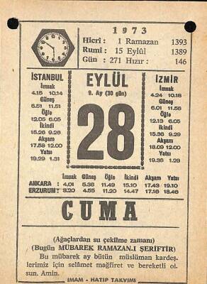 28 Eylül 1973 Takvim Yaprağı - Doğum Günü Hediyesi EFM(N)9874 - 1