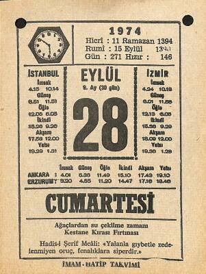 28 Eylül 1974 Takvim Yaprağı - Doğum Günü Hediyesi EFM(N)12384 - 1