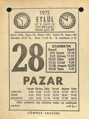 28 Eylül 1975 Takvim Yaprağı - Doğum Günü Hediyesi EFM(N)12518 - 1