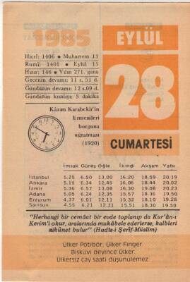 28 Eylül 1985 Takvim Yaprağı EFM(N)2832 - 4