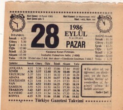 28 Eylül 1986 Takvim Yaprağı EFM(N)2849 - 4