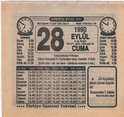 28 Eylül 1990 Takvim Yaprağı EFM(N)2883 - 3