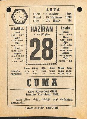 28 Haziran 1974 Takvim Yaprağı - Doğum Günü Hediyesi EFM(N)12133 - 1