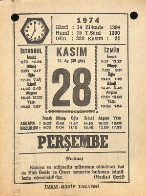 28 Kasım 1974 Takvim Yaprağı - Doğum Günü Hediyesi EFM(N)10790 - 4