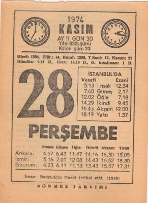 28 Kasım 1974 Takvim Yaprağı EFM(N)3338 - 3