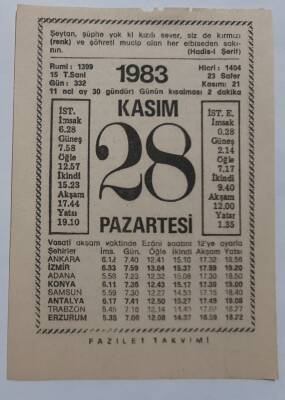 28 Kasım 1983 Takvim Yaprağı - Doğum Günü Hediyesi EFM(N)6905 - 1