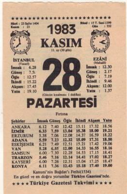 28 Kasım 1983 Takvim Yaprağı EFM(N)3972 - 3