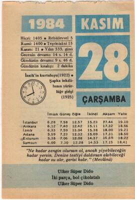 28 Kasım 1984 Takvim Yaprağı EFM(N)3368 - 3