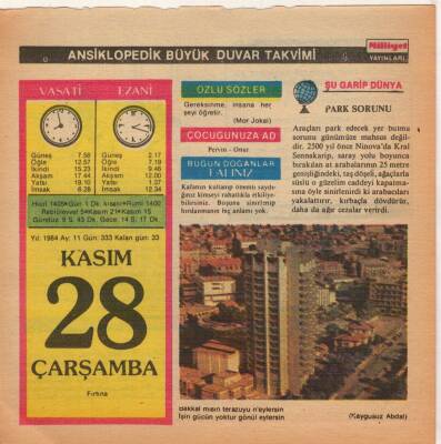 28 Kasım 1984 Takvim Yaprağı EFM(N)4064 - 3