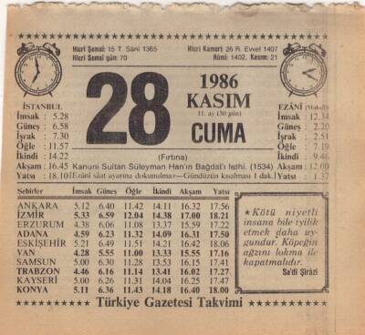 28 Kasım 1986 Takvim Yaprağı EFM(N)3428 - 3