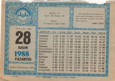 28 Kasım 1988 Takvim Yaprağı EFM(N)3458 - 3