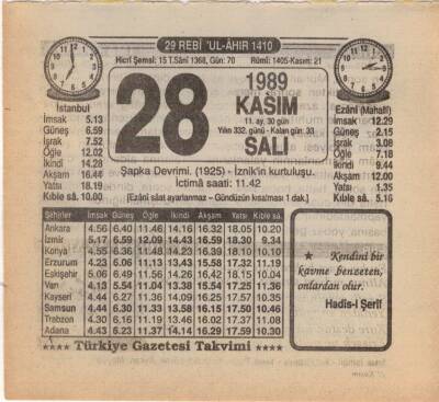 28 Kasım 1989 Takvim Yaprağı EFM(N)3488 - 3