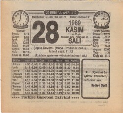 28 Kasım 1989 Takvim Yaprağı EFM(N)3488 - 2