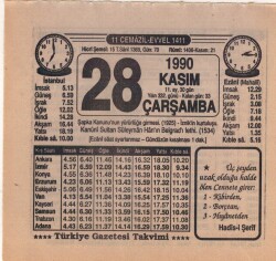 28 Kasım 1990 Takvim Yaprağı EFM(N)3942 - 3