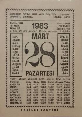 28 Mart 1983 Takvim Yaprağı - Doğum Günü Hediyesi EFM(N)7941 - 1