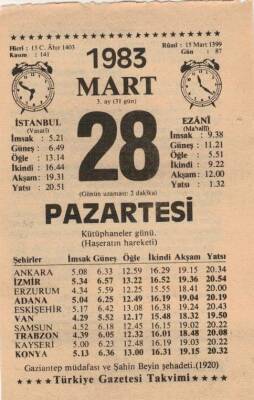 28 Mart 1983 Takvim Yaprağı EFM(N)5845 - 3