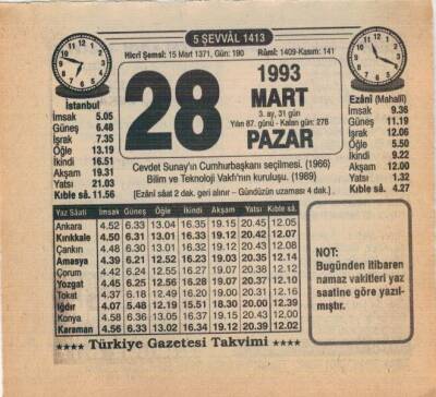 28 Mart 1993 Takvim Yaprağı EFM(N)6060 - 3