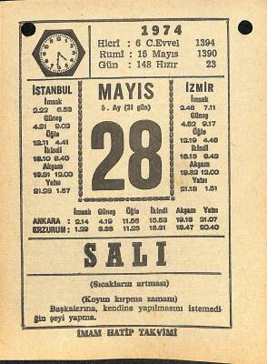 28 Mayıs 1974 Takvim Yaprağı - Doğum Günü Hediyesi EFM(N)11978 - 1