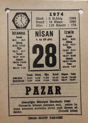 28 Nisan 1974 Takvim Yaprağı - Doğum Günü Hediyesi EFM(N)8185 - 2