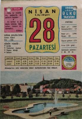 28 Nisan 1980 Takvim Yaprağı - Doğum Günü Hediyesi EFM(N)8440 - 1