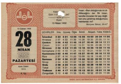 28 Nisan 1986 Takvim Yaprağı EFM1036 - 1